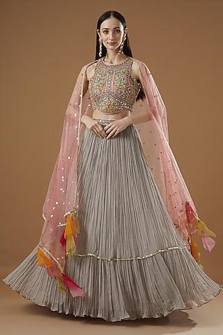 pastel grey georgette resham embroidered lehenga set