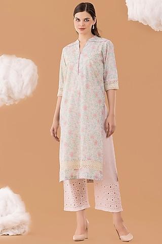 pastel mint & pink textured cotton printed kurta set