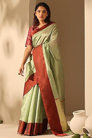 pastel olive green chanderi silk handloom saree set