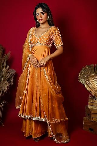 pastel orange hand embroidered anarkali set