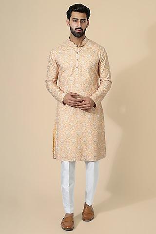 pastel orange silk blend & cotton silk embroidered kurta set