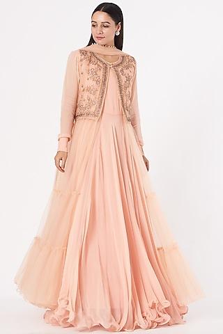 pastel peach georgette jacket anarkali set