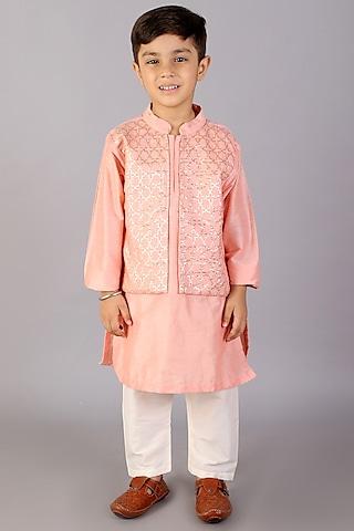 pastel peach kurta set with attached jacket for boys