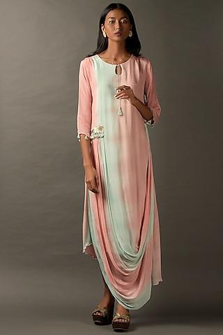 pastel pink & blue georgette embroidered draped dress