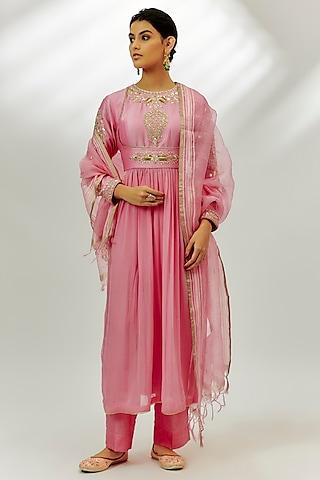 pastel pink chanderi marodi embroidered anarkali set