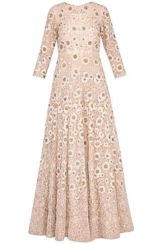 pastel pink embroidered anarkali gown with churidar pants