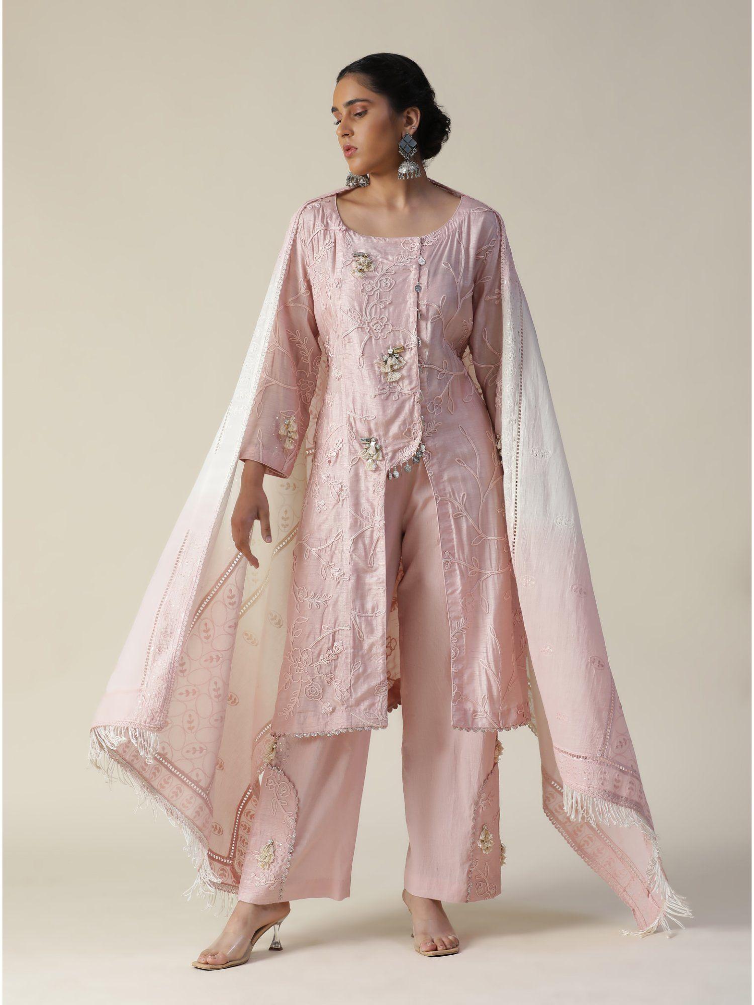 pastel pink embroidered kurta (set of 3)