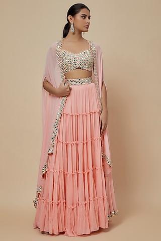 pastel pink georgette & raw silk mirror work cape set