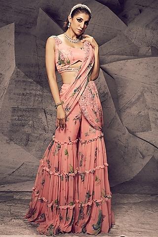 pastel pink georgette embroidered sharara saree set