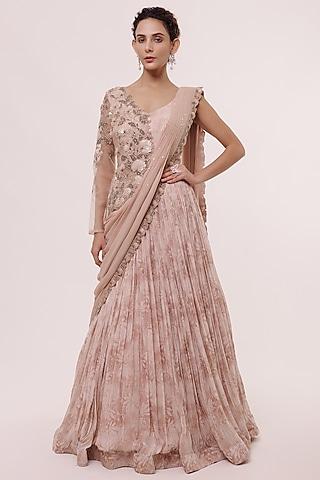 pastel pink georgette floral printed gown with jacket