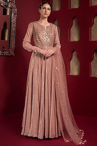 pastel pink georgette lurex embroidered anarkali set