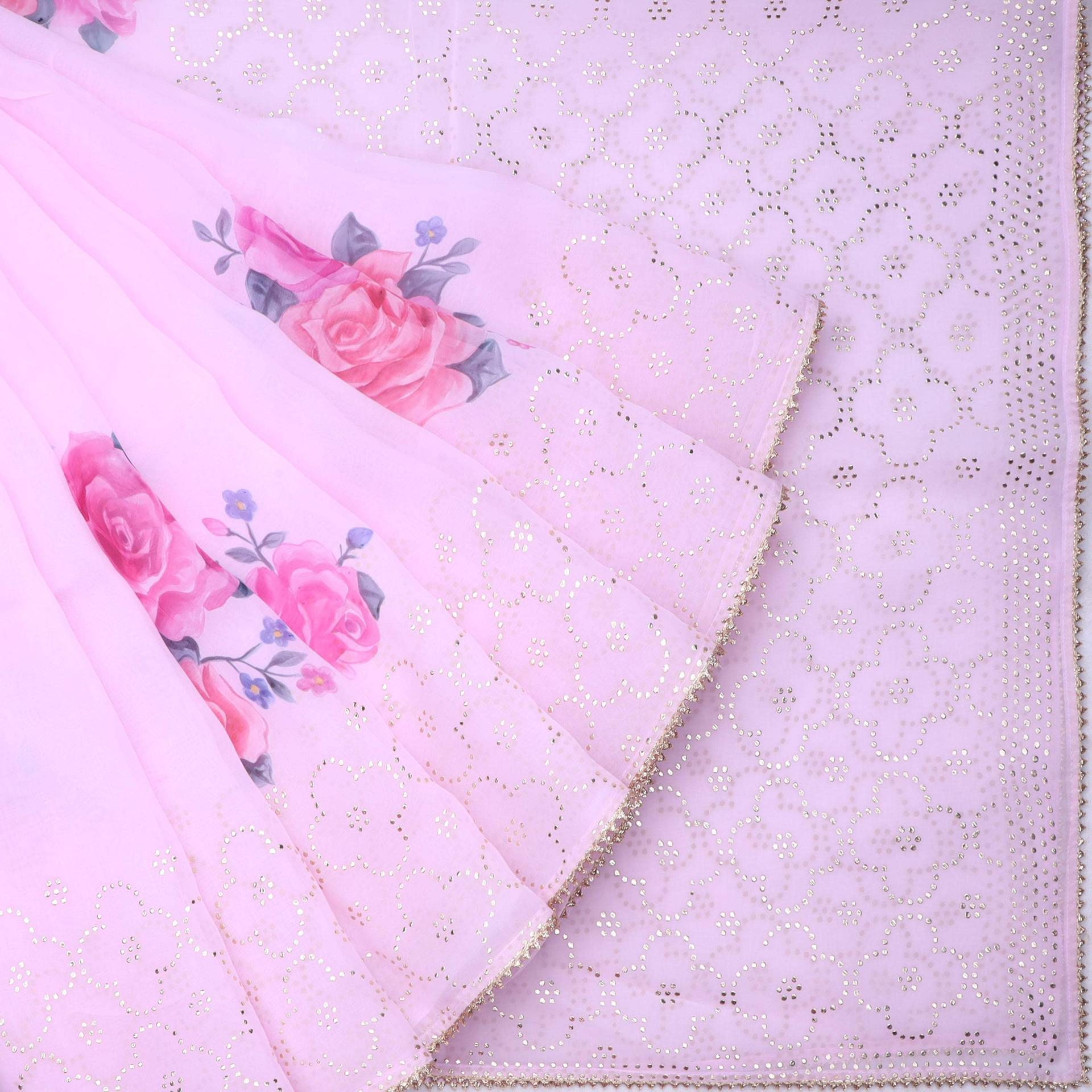 pastel pink georgette mukaish embroidery saree with floral printed motifs