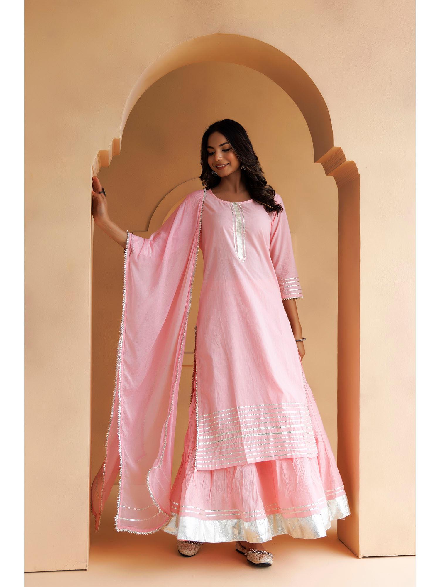 pastel pink handcrafted straight cotton kurta with skirt and dupatta (set of 3)