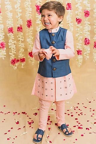 pastel pink kurta set with embroidered bundi jacket  for boys