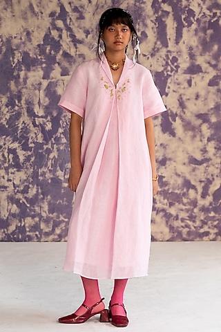 pastel pink linen bullion knot embroidered a-line dress