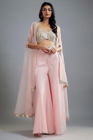 pastel pink organza & raw silk mirror embroidered cape set