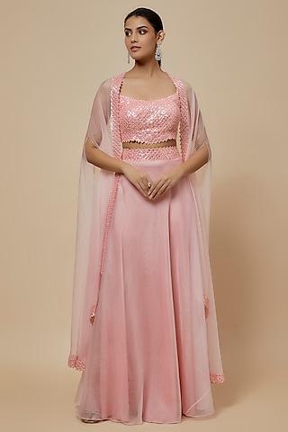 pastel pink organza sequins embroidered cape set