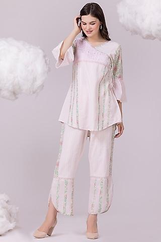 pastel pink pure textured cotton printed & embroidered tunic set