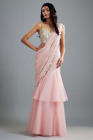 pastel pink raw silk mirror embroidered saree set