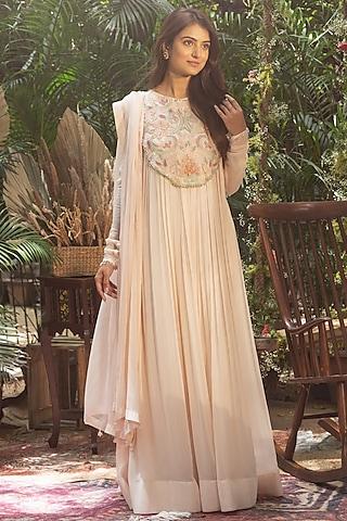 pastel pink viscose georgette hand embroidered anarkali set