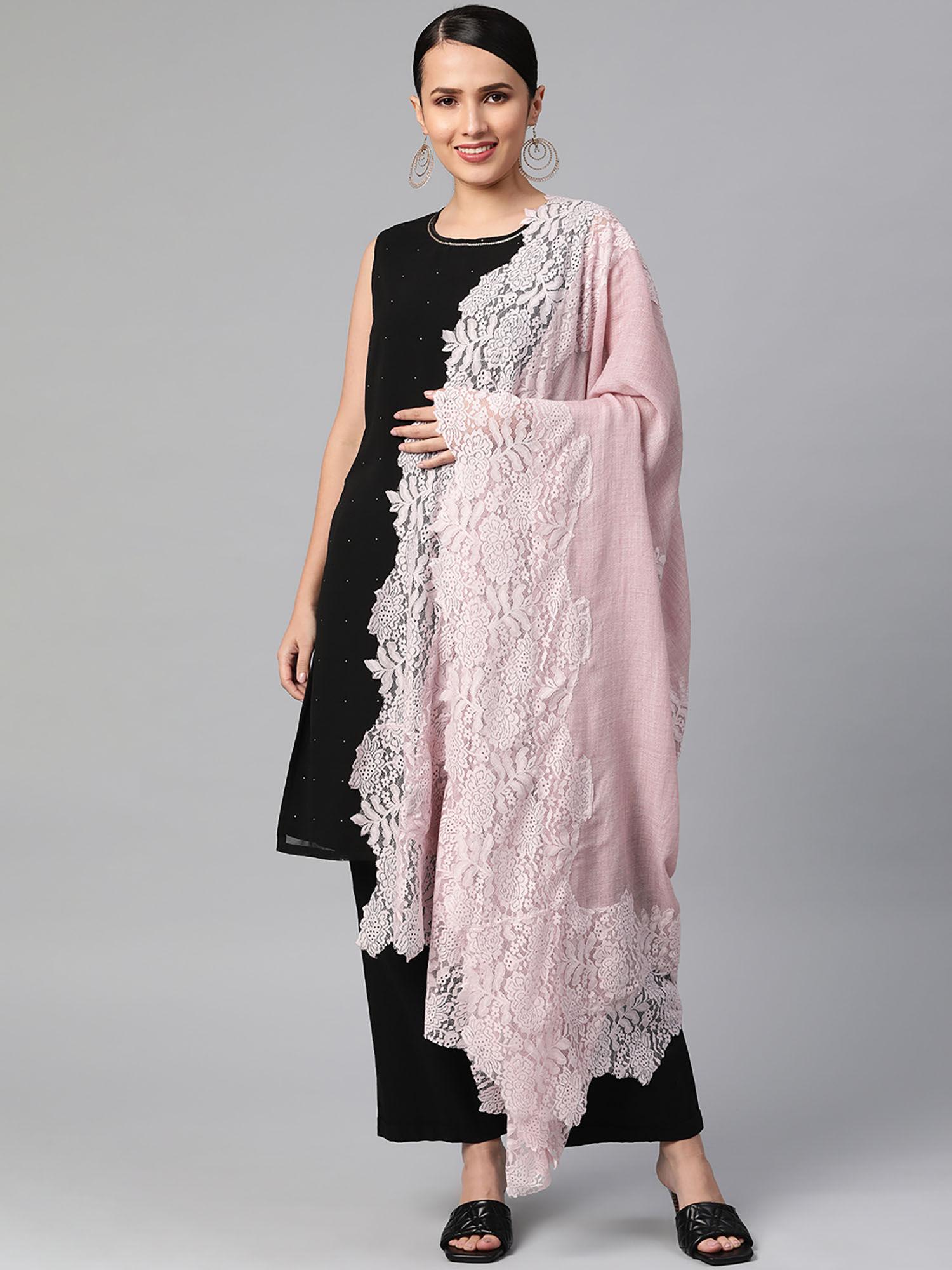 pastel pink woolen shawl with valentino lace