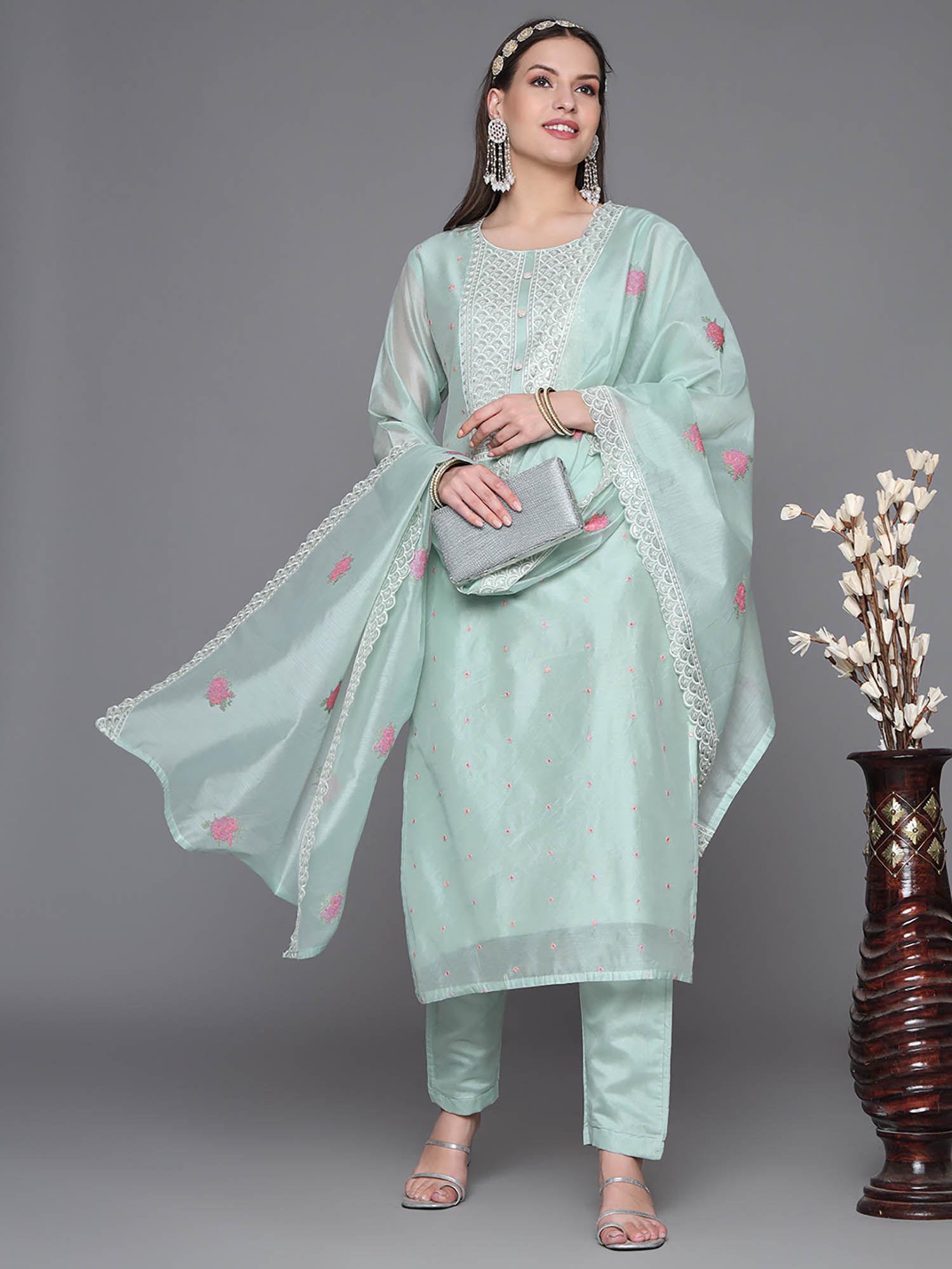 pastel teal embroidered silk kurta with embroidered organza dupatta (set of 3)