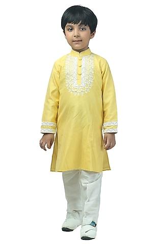 pastel yellow cotton silk pearl embellished kurta set for boys
