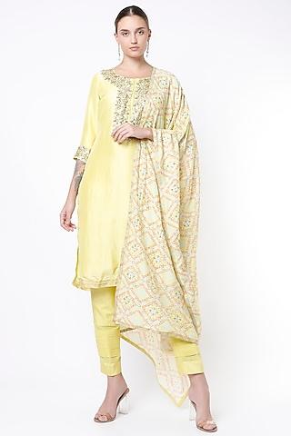 pastel yellow embroidered kurta set