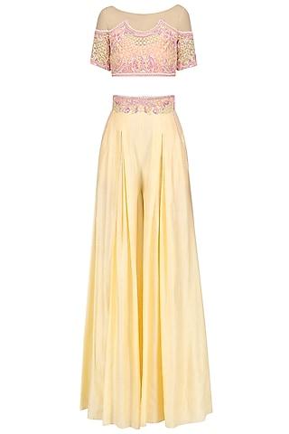 pastel yellow geometric flora crop top with flared pants