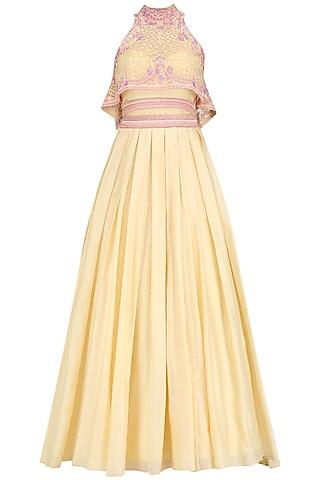 pastel yellow geometric flora flared top with pleated corset dress