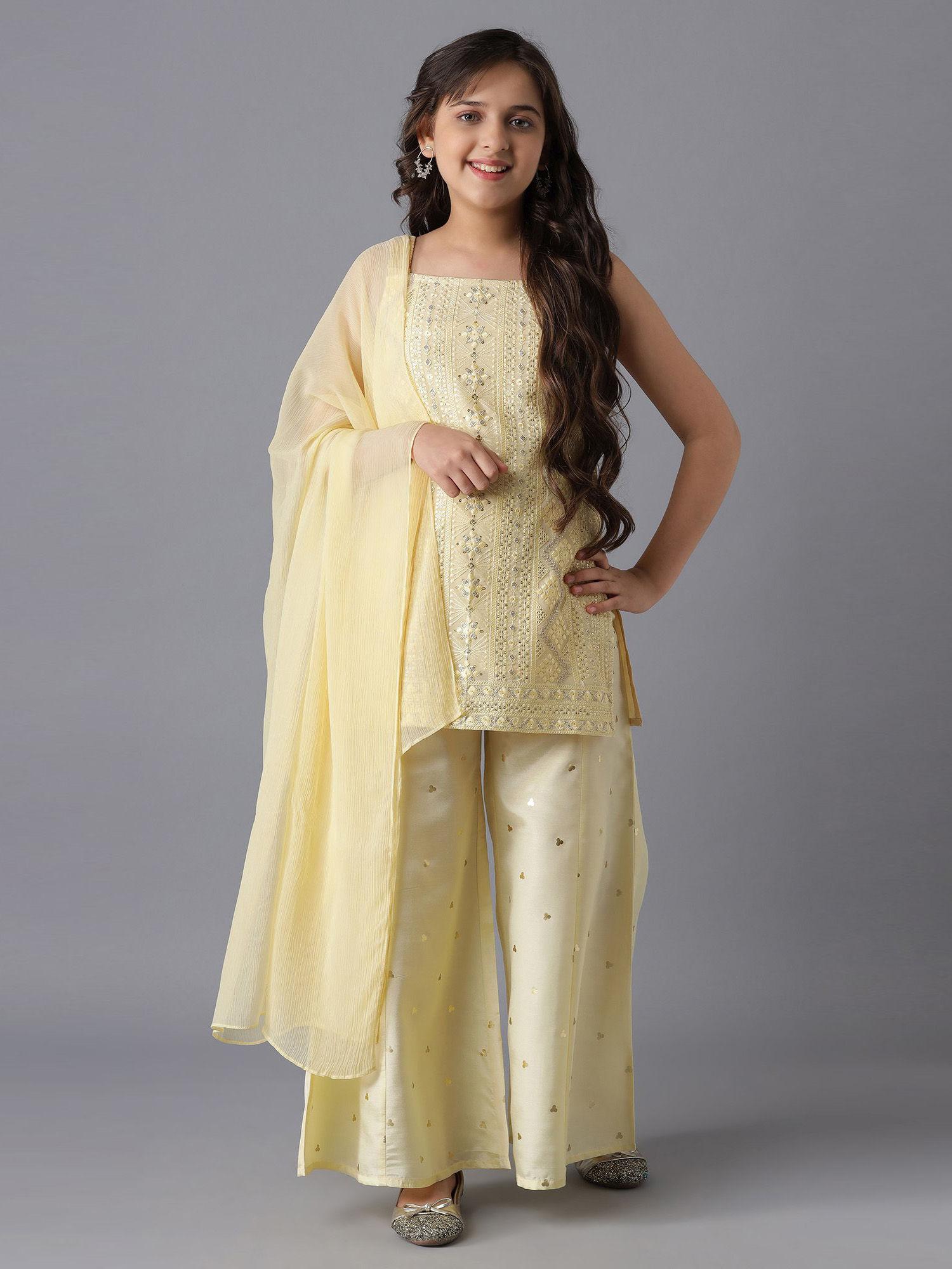 pastel yellow kurta and palazzo girls (set of 3)