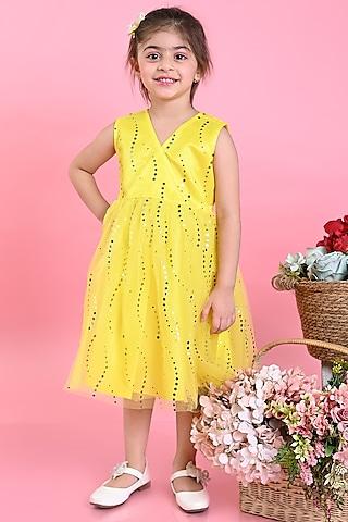 pastel yellow net printed dress for girls