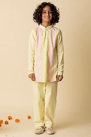 pastel yellow silk cotton & cotton voile striped kurta set for boys