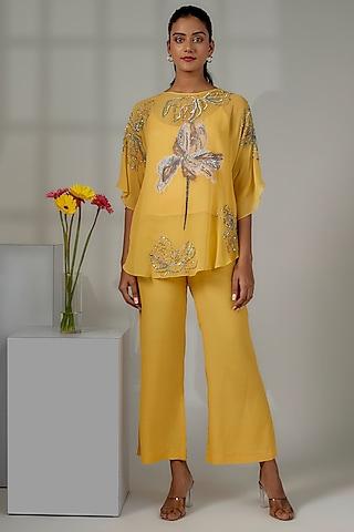 pastel yellow viscose georgette hand embroidered cape set