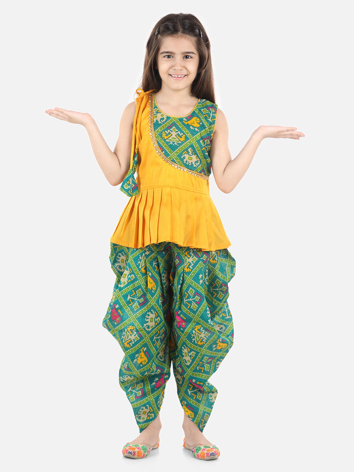 patan patola patch top with dhoti- yellow