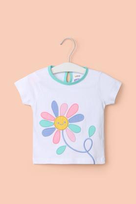patch work cotton round neck infant girl's t-shirt - white