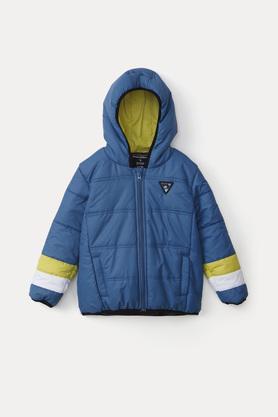patch work polyester hood boys jacket - blue