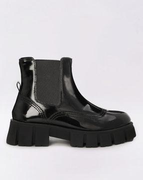patent slip-on ankle-length boots