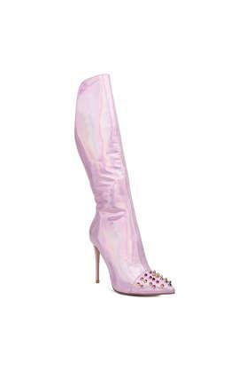 patent zipper women's party wear boots - pink