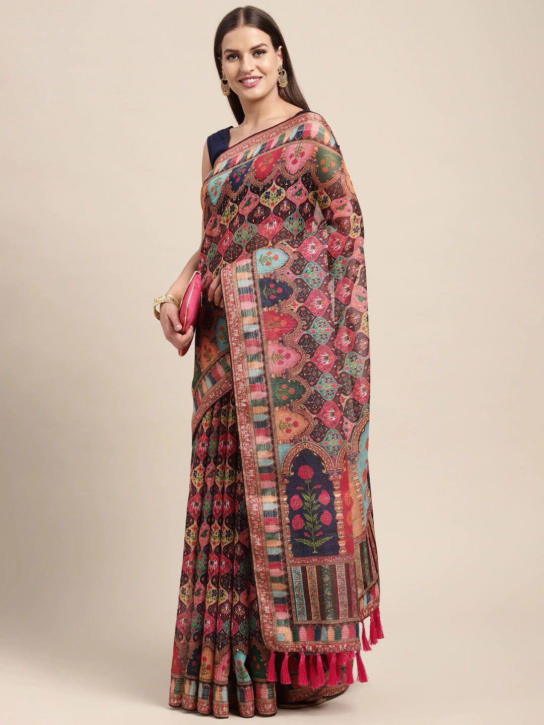 patlipallu multicoloured sequinned linen blend designer block print saree