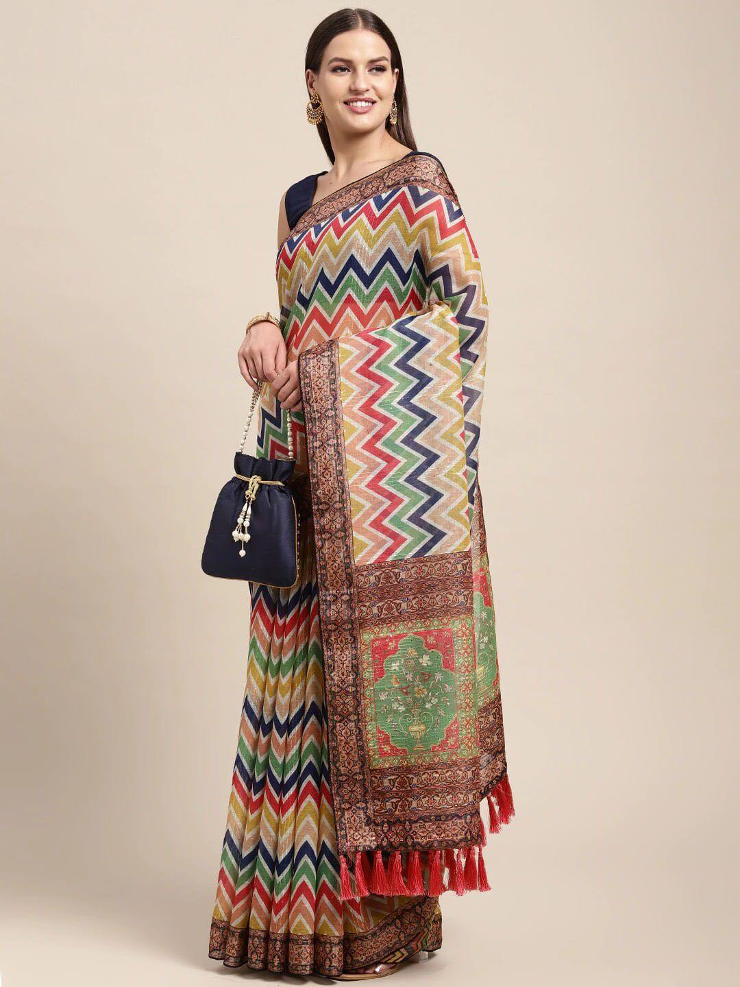 patlipallu multicoloured striped sequinned linen blend designer ikat saree