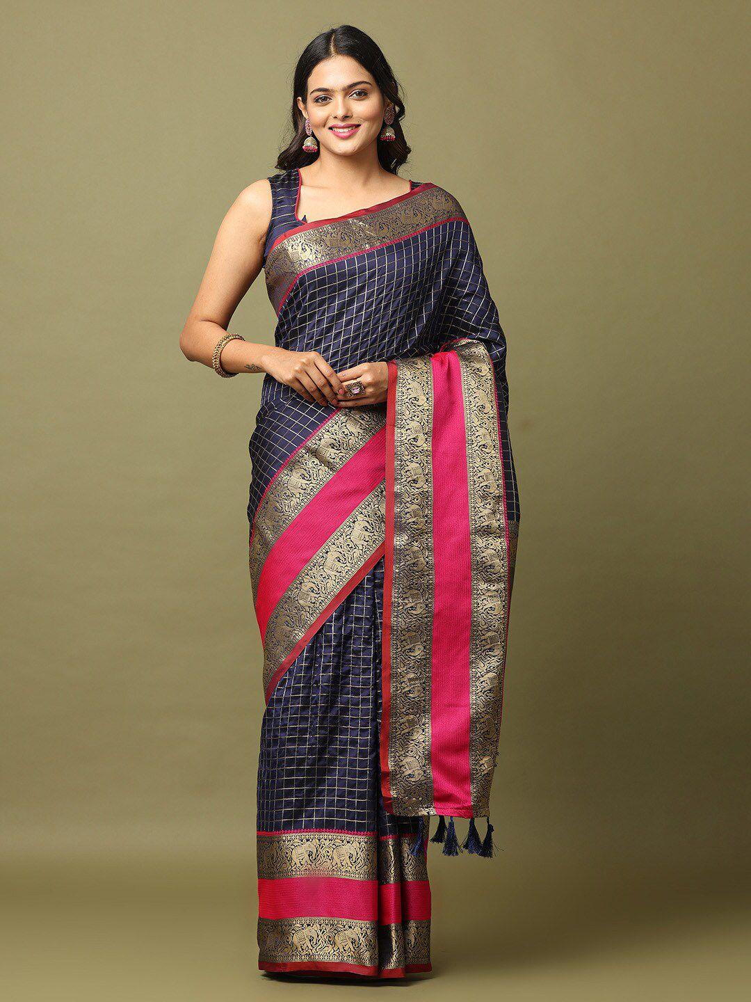 patlipallu navy blue & pink checked zari silk blend banarasi saree