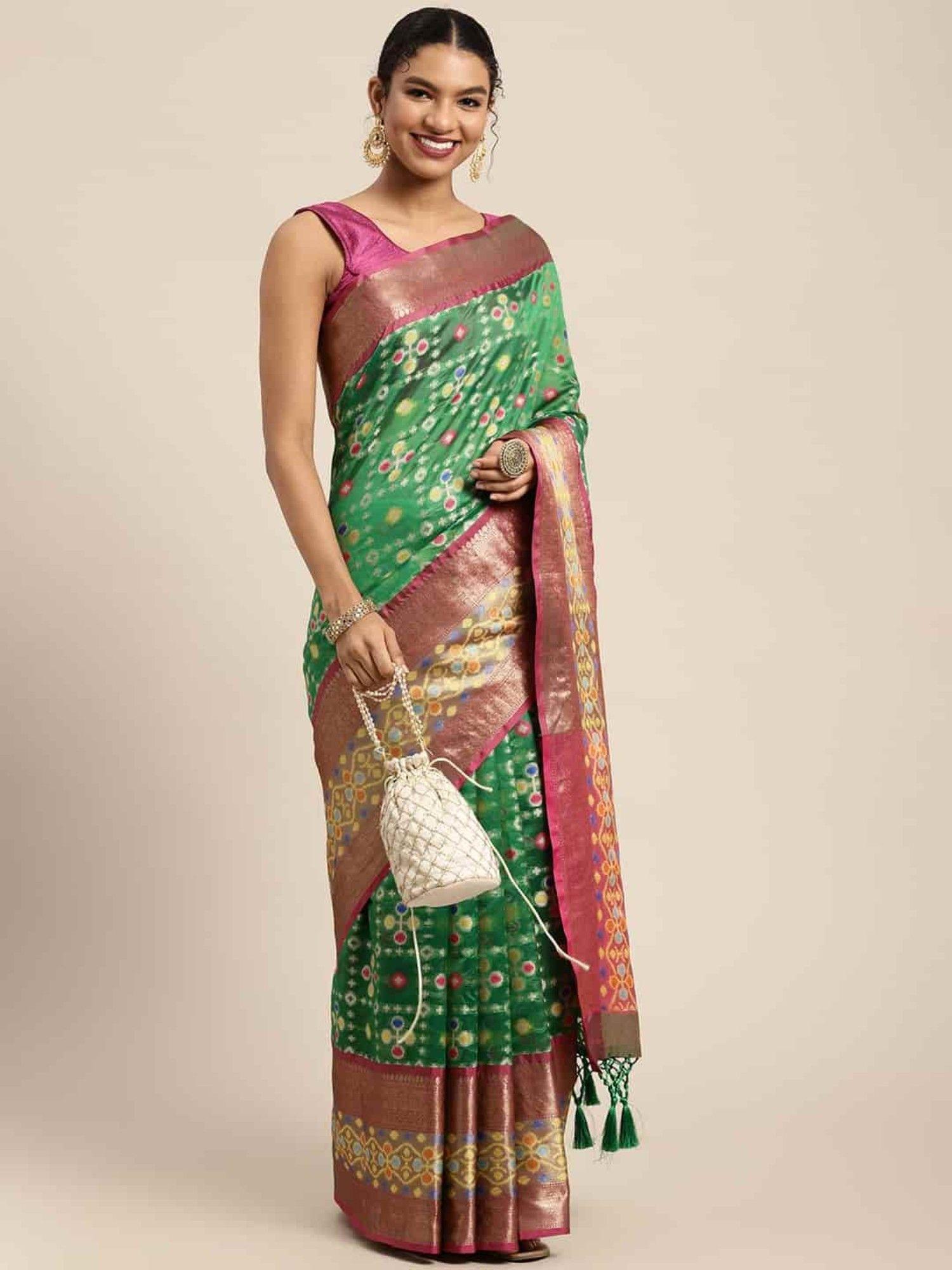 patola woven saree with unstiched blouse piece green with unstitched