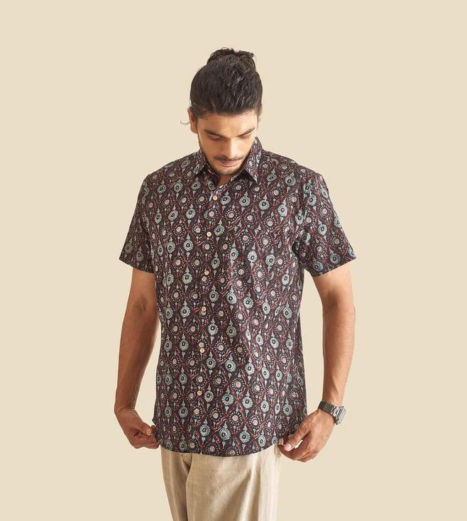 patrah black nostalgia ethnic printed festive half sleeves cotton shirt