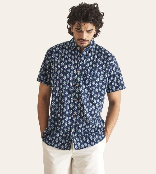 patrah blue southern coastline indigo printed cotton shirt