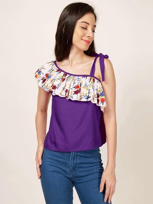 patrorna cream & purple floral print top