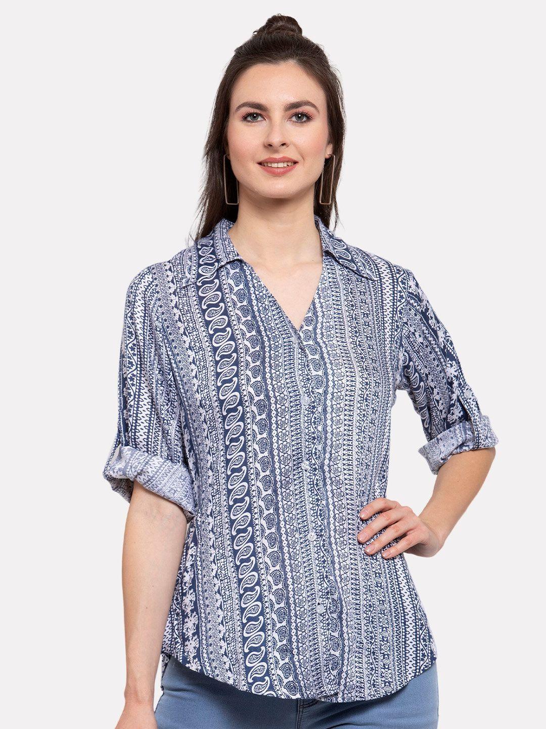 patrorna women blue comfort printed casual shirt