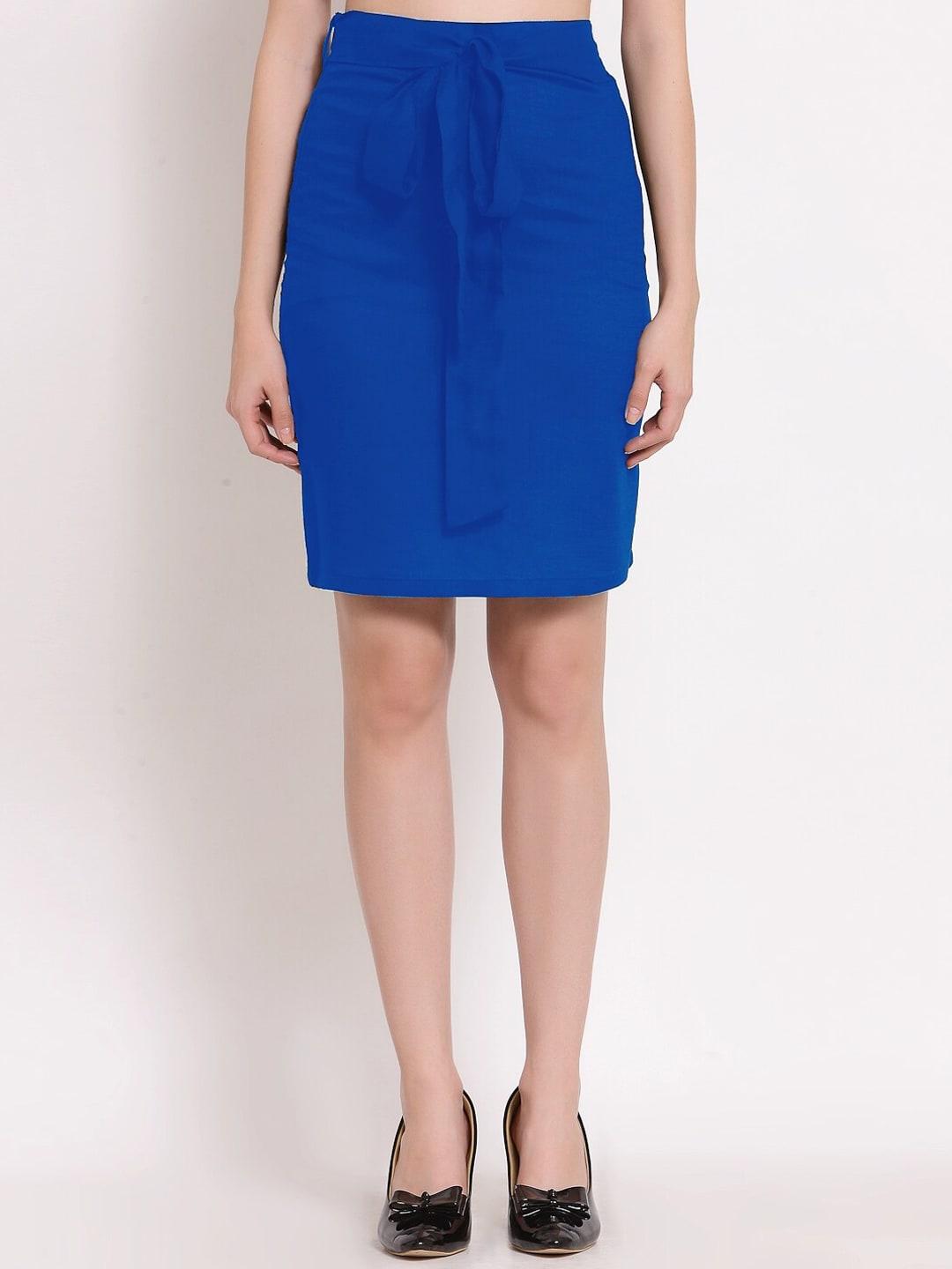 patrorna women blue solid pencil skirt
