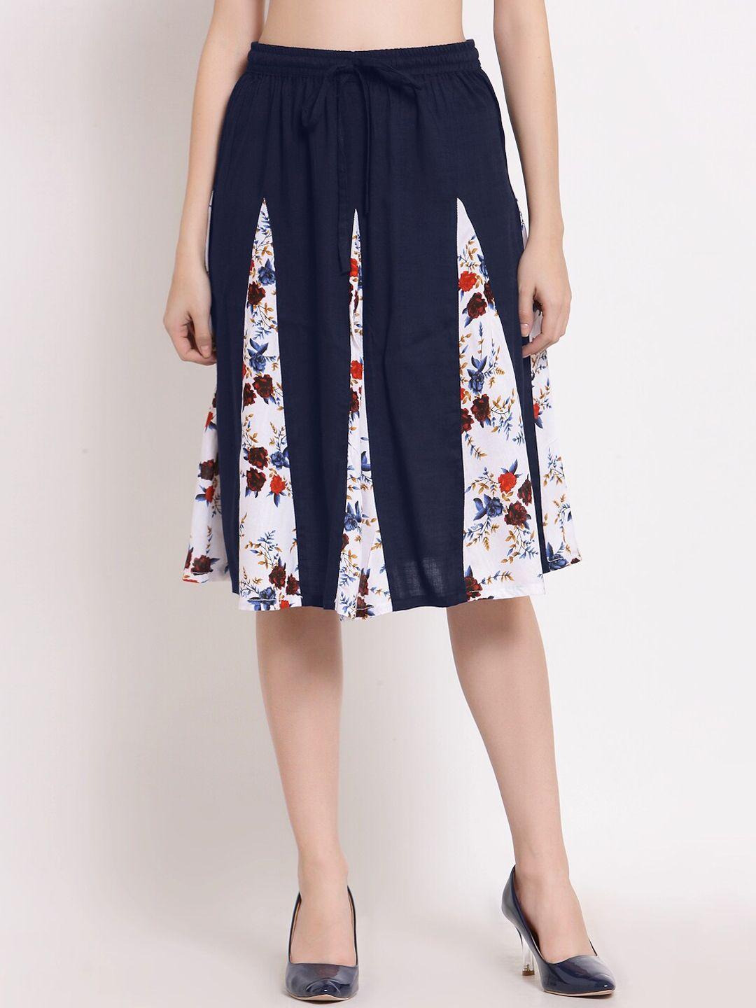 patrorna women navy blue & white printed flared skirt with contrast pleated detailing