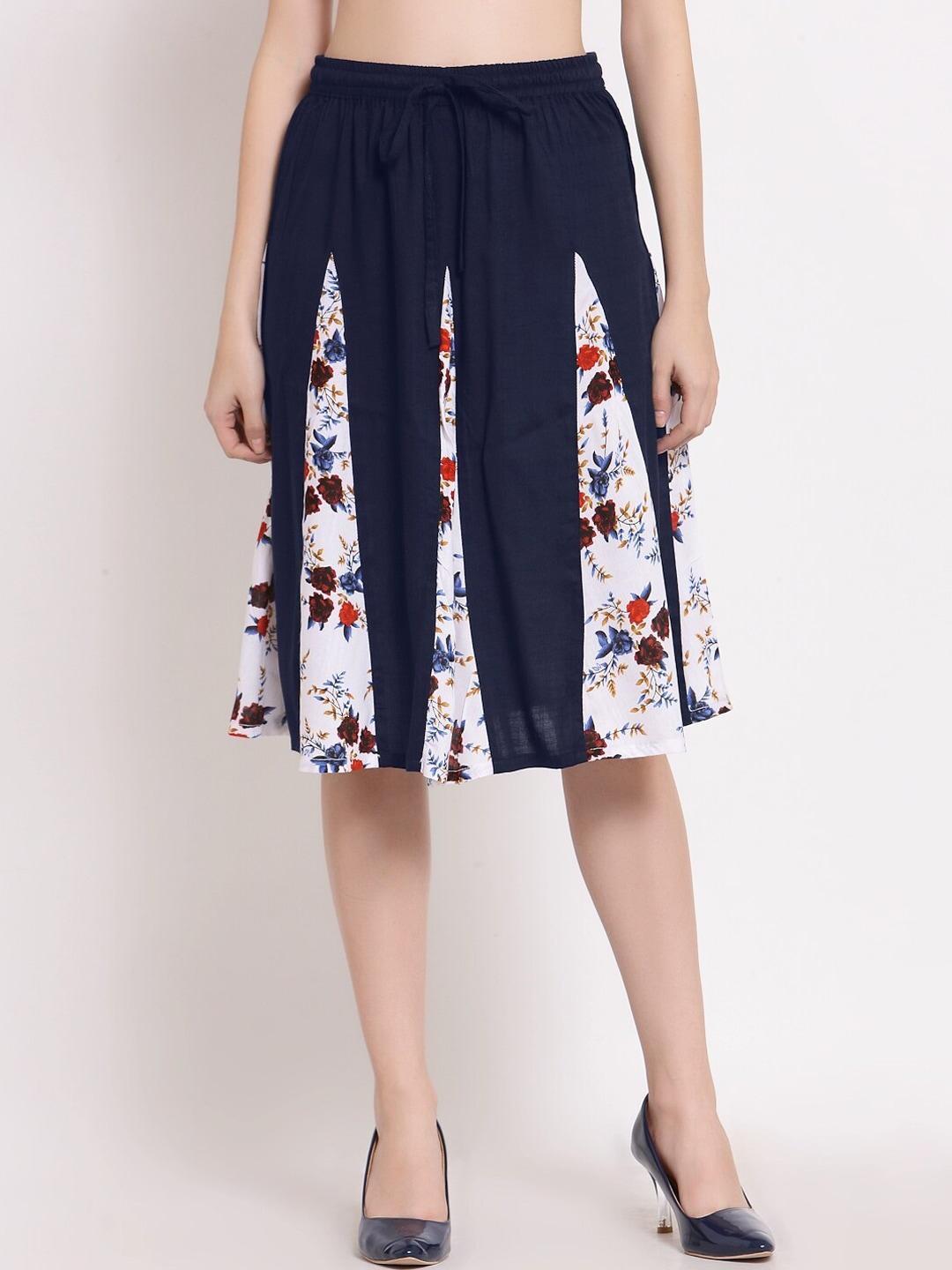 patrorna women navy blue & white printed flared skirt with contrast pleated detailing